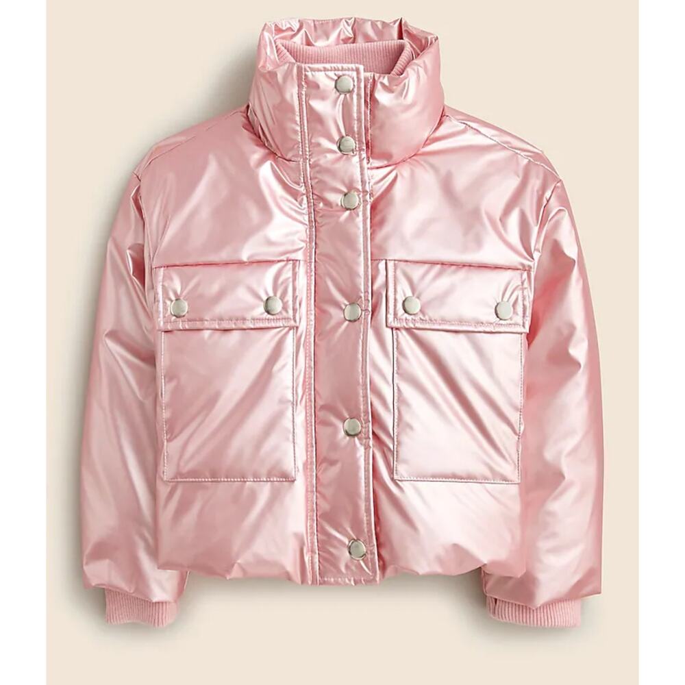 Crewcuts‎ Metallic Puffer Cropped Button Zipper Mock Neck Coat Girls Sz L 10-11